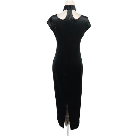 Vintage 90s Lagenes Black Velvet Midi Cocktail Dress Beaded Fringe Choker M - Picture 4 of 6